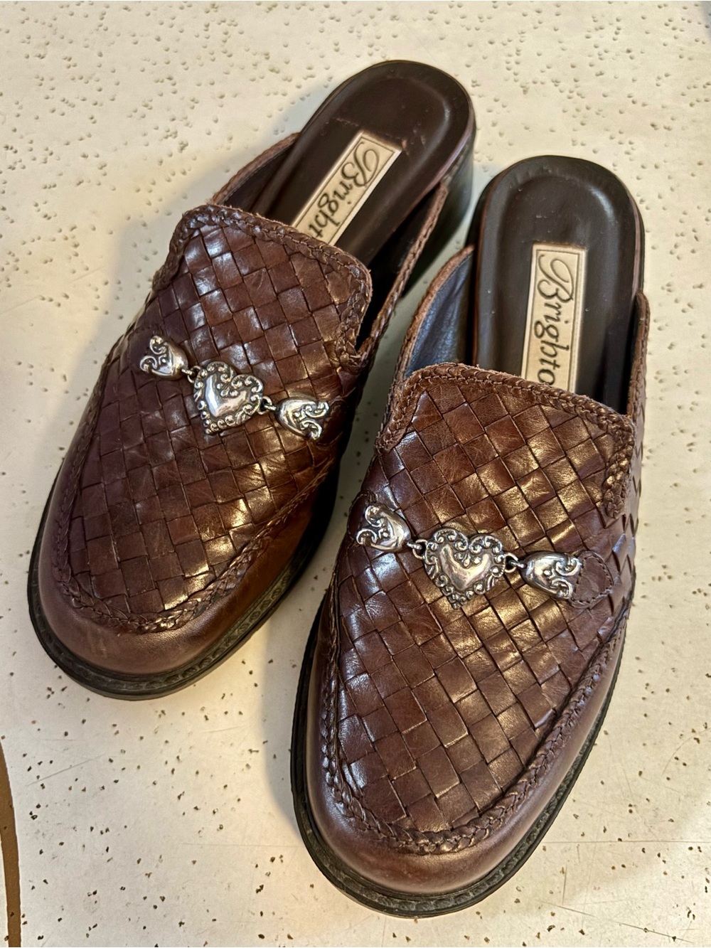 Brighton Brown Woven Leather Slip-On Loafers with Silver Heart Accent